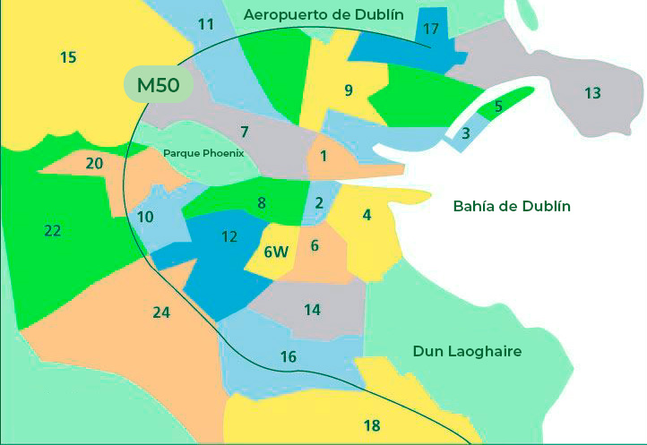 Mapa de Dublín con distritos